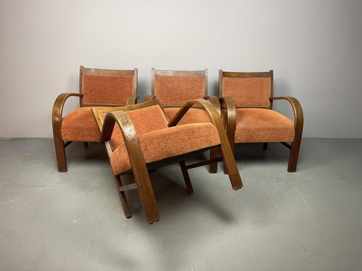 Sculpturaal ensemble van vier Nederlandse art-deco fauteuils. Nederland, jaren 1930. Ref.: CH2010 – Wood, Textile