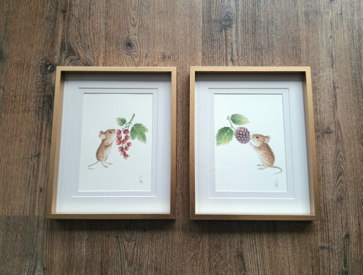 Set of original watercolor mice | Includes gold-colored frame