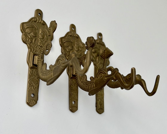 Image 1 of Set of 3 antique wall hooks – brass – Asian/Oriental inspired – circa 1950