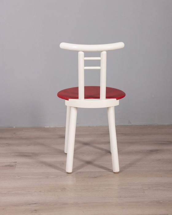 Image 1 of Set di 4 sedie vintage anni '80 in legno e vinile rosso, design italiano.