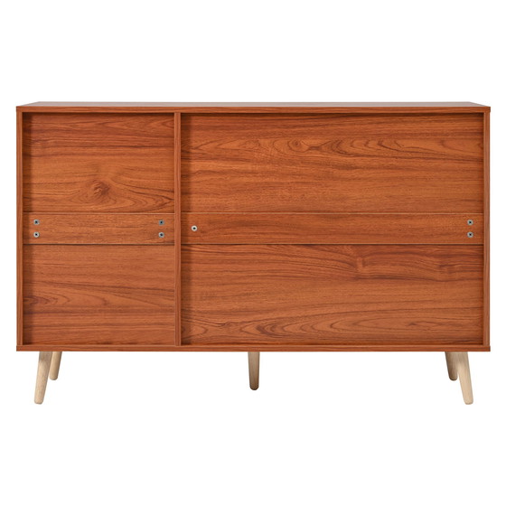 Image 1 of Urban Meuble vintage dressoir van rotan in walnoot houtlook met 2 deuren en 3 lades met zwarte handgrepen 120*38*78cm CRI