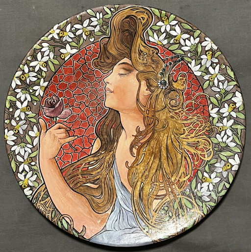 Met de hand beschilderd terracotta bord , Art Nouveau , Ongesigneerd . Vintage Origineel