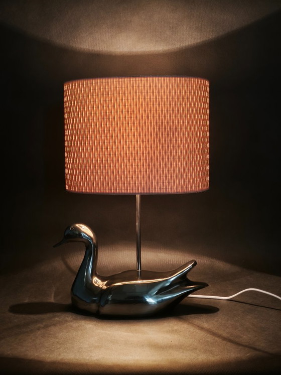 Image 1 of Italian Chrome Duck Table Lamp with Original Shade, 1970s
