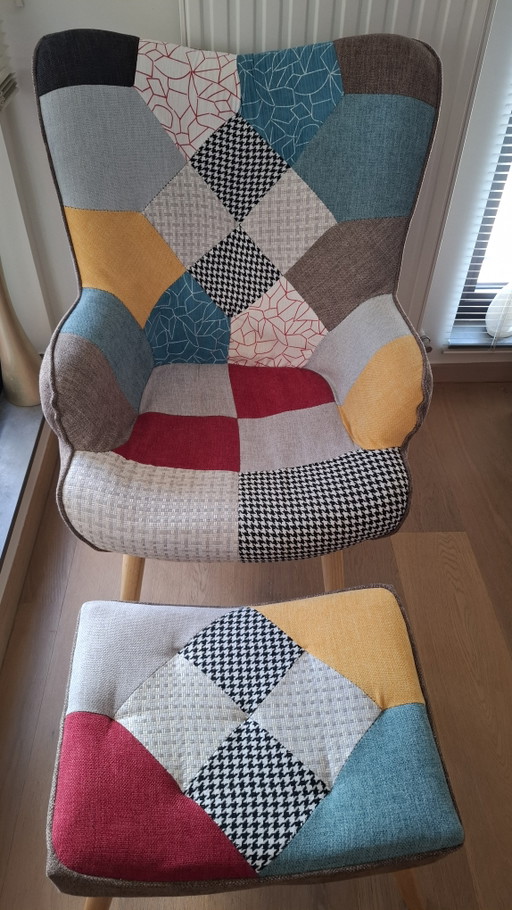Fauteuil patchwork + repose-pieds