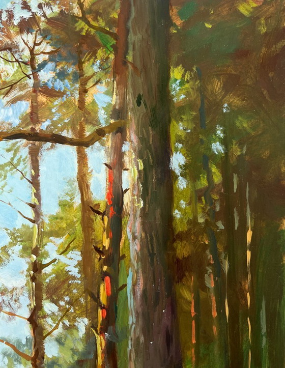 Image 1 of Original Oil Painting Winter Forest Landscape Walking through the snowy forest