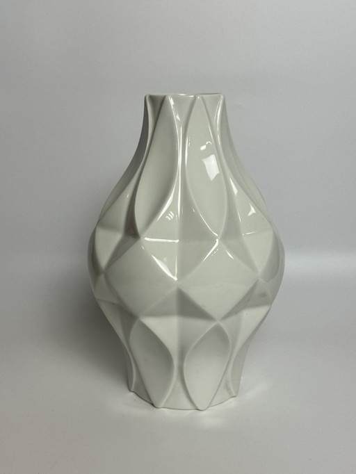Mid-Century Ceramic High Gloss Enamel White Porcelain Vase with Geometric Relief by Königlich privilegierte Porzellanfabrik.