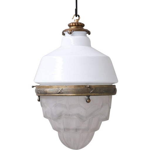 Lampada a sospensione vintage in vetro e ottone, Francia 1920