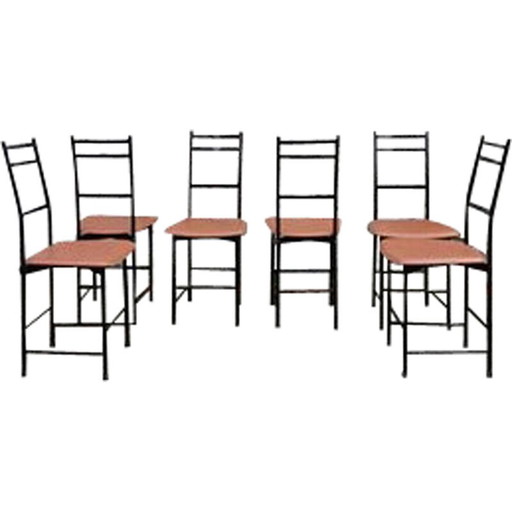 Set van 6 vintage aluminium en bruine leren eetkamerstoelen van Ycami, 1980