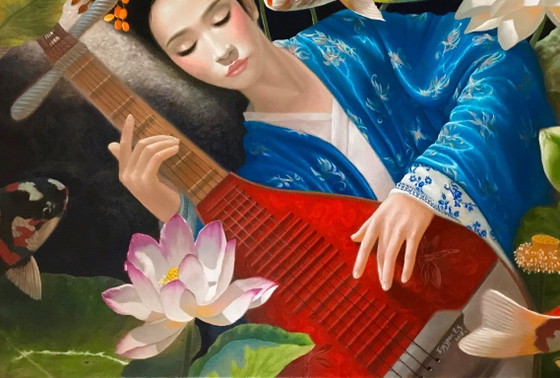 Original Oil Painting Surrealism Japanese Motif Thoughts for a Girl – Paintings & Drawings, Canvas (photo 4 of 8)