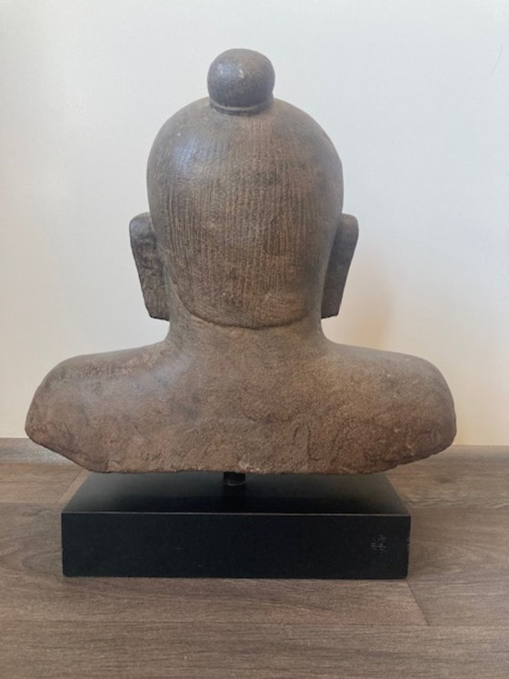Image 1 of Sandstone bust of King Jayavarman VII of the Khmer Empire.