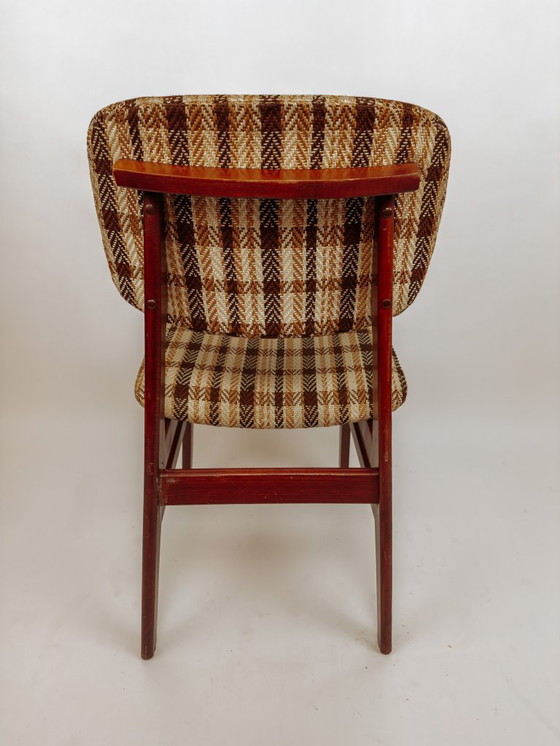 Image 1 of 4x Vintage houten eetkamerstoelen met blokte stof