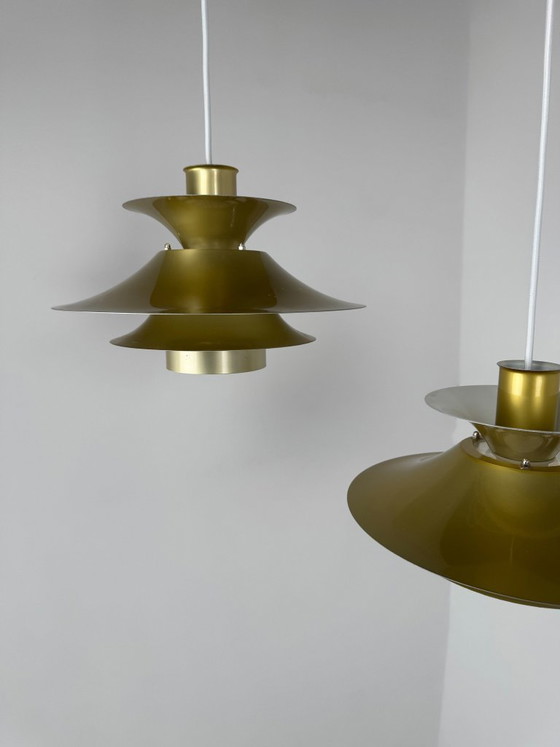 Pair of Model 4108 Pendant Lamps, Lyfa, Denmark, c. 1970s-1980s, Metal, Gold, Mid Century Modern (photo 4 of 13)
