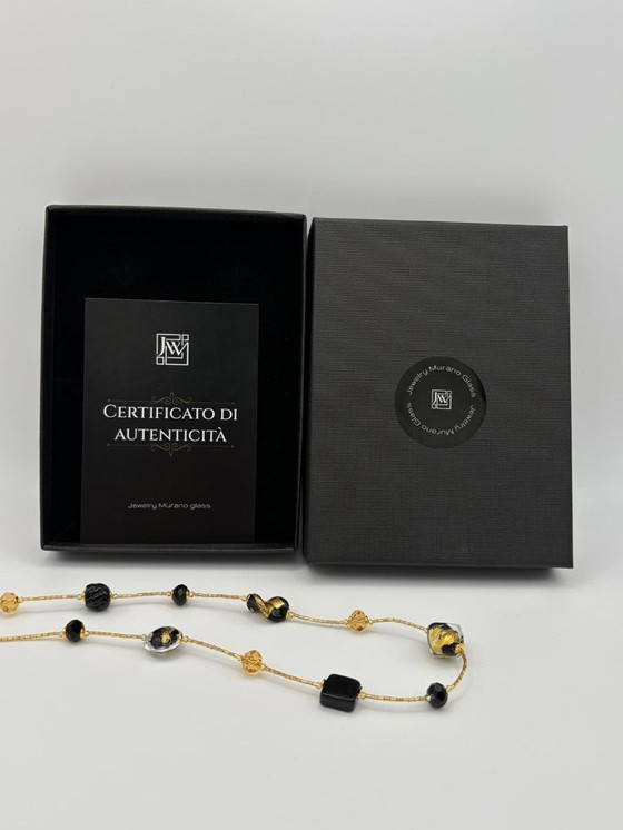 Image 1 of Murano Glass Necklace with Gold Leaf – Black Pearls and Crystal – Venetian Craftsmanship