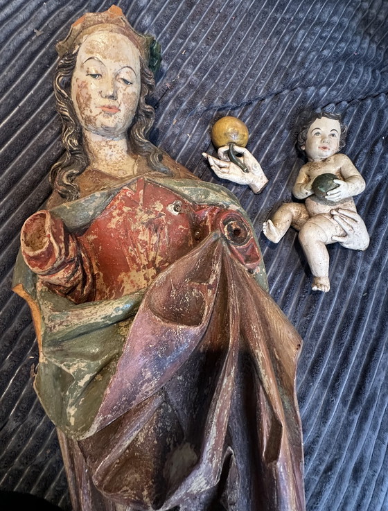 Image 1 of Statues d'église anciennes de style Riemenschneider, sculptures artisanales sur bois de Marie et Moïse