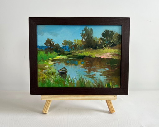 Original Oil Painting Summer River Landscape Summer in green banks