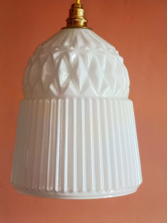 Image 1 of 2x vintage white glass pendant lights