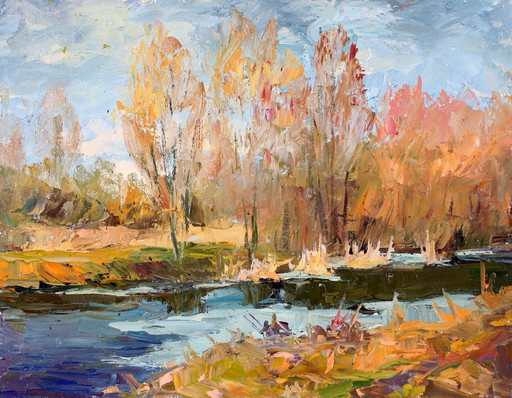 Origineel Schilderij Natuurlandschap Late Herfst Het Eerste IJs