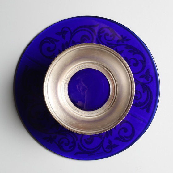 Image 1 of Mid-cetury Rare Cobalt Blue Crystal and Silver Bowl / Fani Argento / Florence / Italy / 1930s