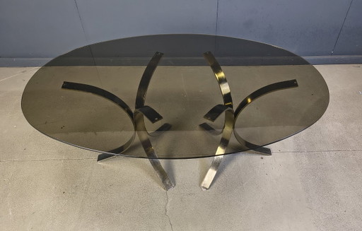 Mesa de comedor ovalada de cristal y latón, estilo vintage, década de 1970.