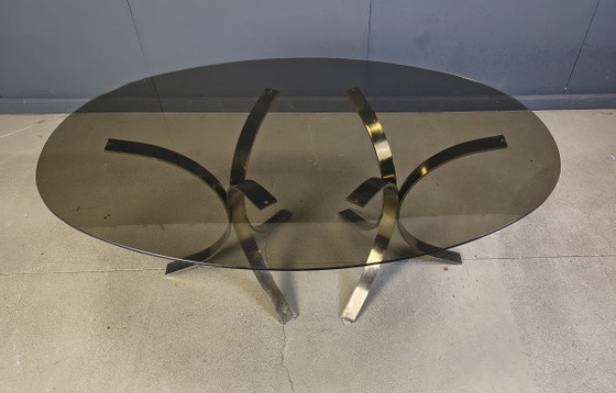 Image 1 of Vintage brass oval glass dining table, 1970s