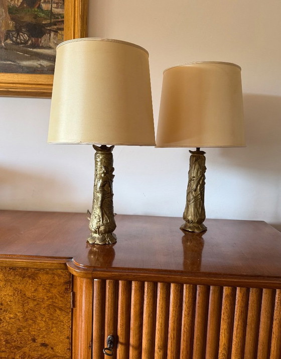 Art Nouveau Set of 2 Bronze Table Lamps, Paul Louchet France Ca. 1900s (photo 2 of 10)