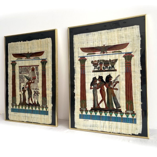 Two signed Egyptian paintings on papyrus – schilderijen tekeningen, Other, Paper