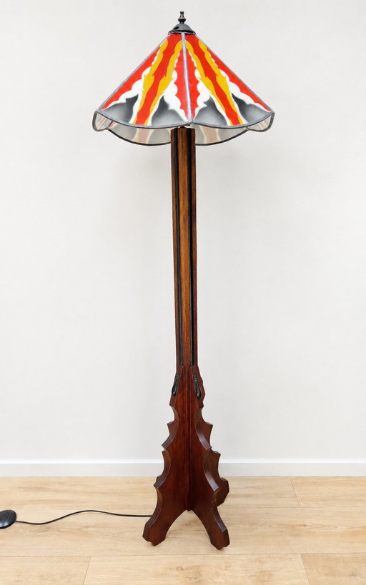 Amsterdam School / Art Deco floor lamp stained glass shade (geometric design) oak base