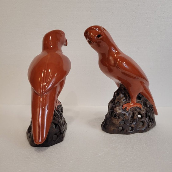 Image 1 of Pareja de loros naranjas, porcelana, 90’s - China