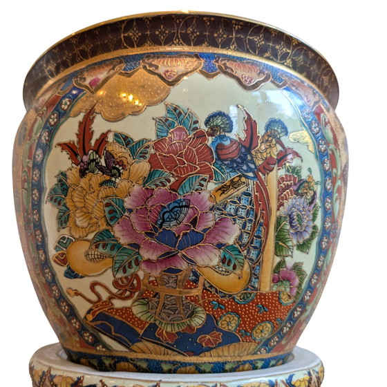 Jardinière Satsuma japonaise antique sur piédestal – Période Meiji Taisho – ca. 1890–1920 – Porte-plantes (photo 7 of 7)
