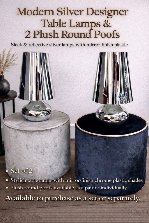 Modern Silver Designer Table Lamps & 2 Plush Round Poofs