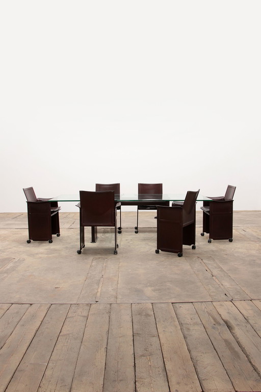 Table et six chaises en cuir Tito Agnoli pour Matteo Grassi