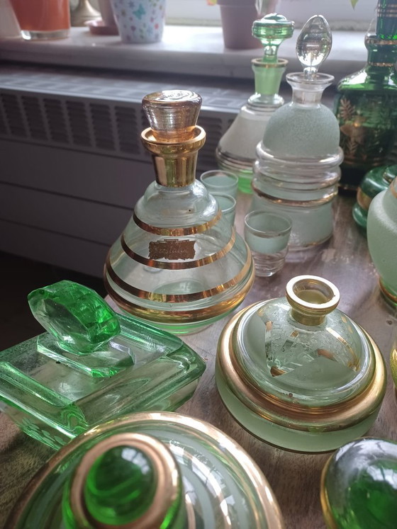 Image 1 of Huge vintage green gold glass collection, 50s Booms glass decanters and vanity jars lot De Rupel