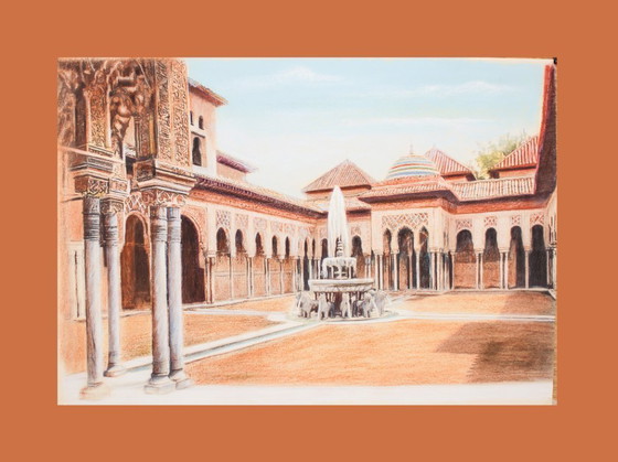 Image 1 of Drawing of the Alhambra. Court of the Lions. Alhambra painting. Painting of the Court of the Lions. New.