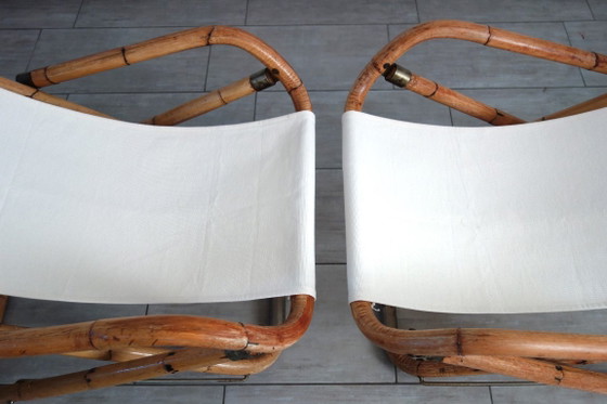 Paar klappbare Liegestühle aus Bambus und Messing, Italien, 1960er Jahre – Klappstühle, Textile, Canvas (photo 10 of 15)