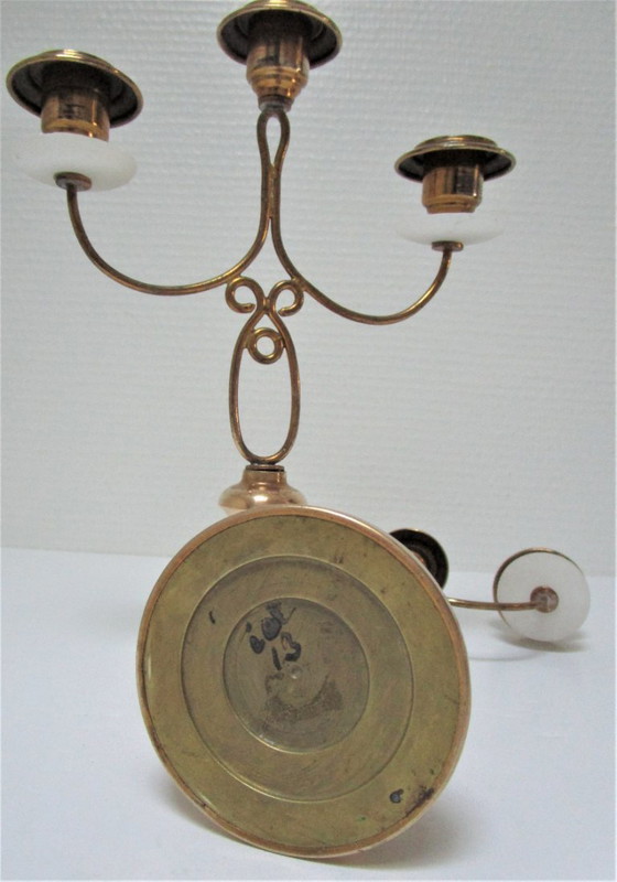 Image 1 of paar driearmige messing stenen kandelaars vroeg 20e eeuw