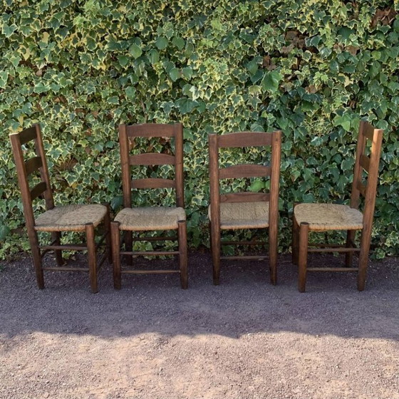 Image 1 of Ensemble de 4 chaises paillées artisanales en chêne massif