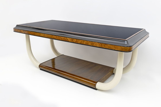 Image 1 of Art Deco Italiaanse notenhouten glazen tafel met olifant slagtandpoten, jaren '30