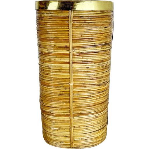 Vintage Papierkorb aus Rattan und Messing, Frankreich 1960er Jahre