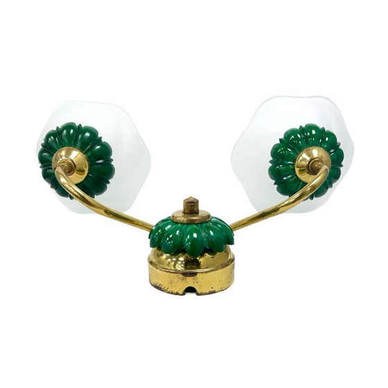 Image 1 of PRECIOSA double wall lamp | Czechoslovakia 1980s | malachite glass | brass | E14
