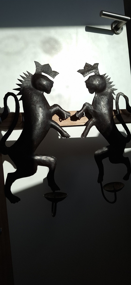 Image 1 of Set of 2 Rare Antique Wrought Iron Wall Sconces - Exclusive Antique Lions