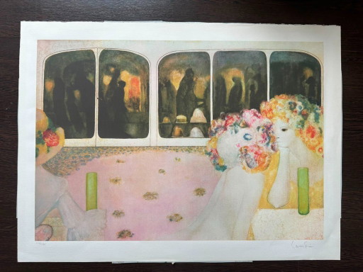 Leonor Fini - Estampe rare, femmes dans un café parisien