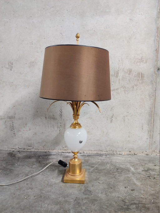 Brass and Opaline Pineapple Leaf Table Lamp 1960s