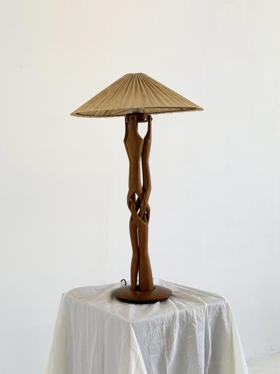 Image 1 of Sculptural hand-carved table lamp made of solid teak wood