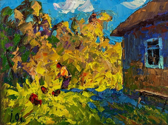 Image 1 of Original Oil Painting Summer Village Landscape The sun in the field