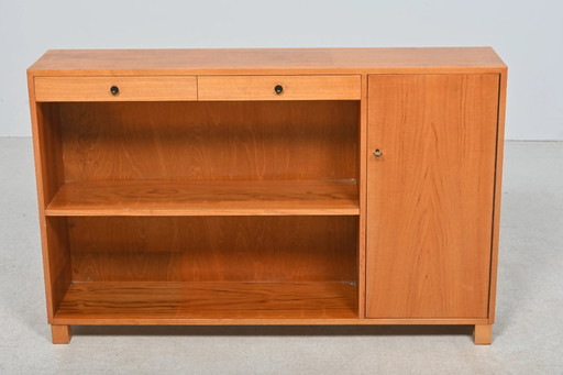 Low Scandinavian bookcase with 2 drawers and side door – Denmark 1960