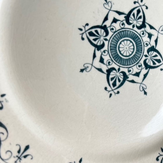 Image 1 of Set van 8 "Admiral" dessertborden van ijzersteen, Creil & Montereau, groenblauw, eind 19e eeuw
