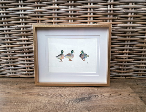Image 1 of Original watercolor of three little ducks, including frame
