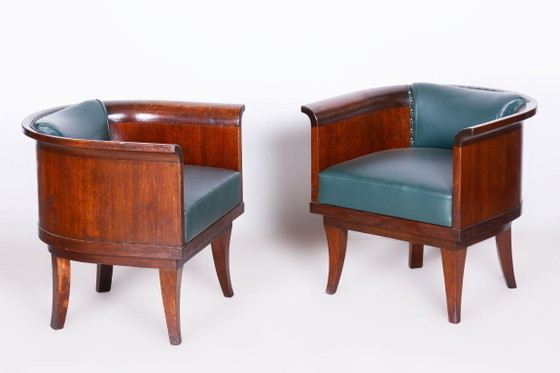 Pair Of Restored Art Deco Armchairs, by F. And H. Gessner, Oak, Czech, 1920s – Leather, Wood (photo 4 of 9)