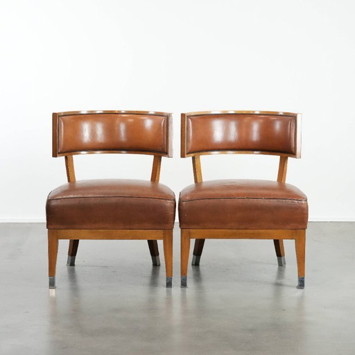 2 x Vintage design cocktail stoel/ fauteuil gemaakt van schapenleer