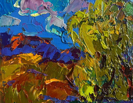 Image 1 of Original Oil Painting Summer Coastal Landscape The boat is sailing on the lake